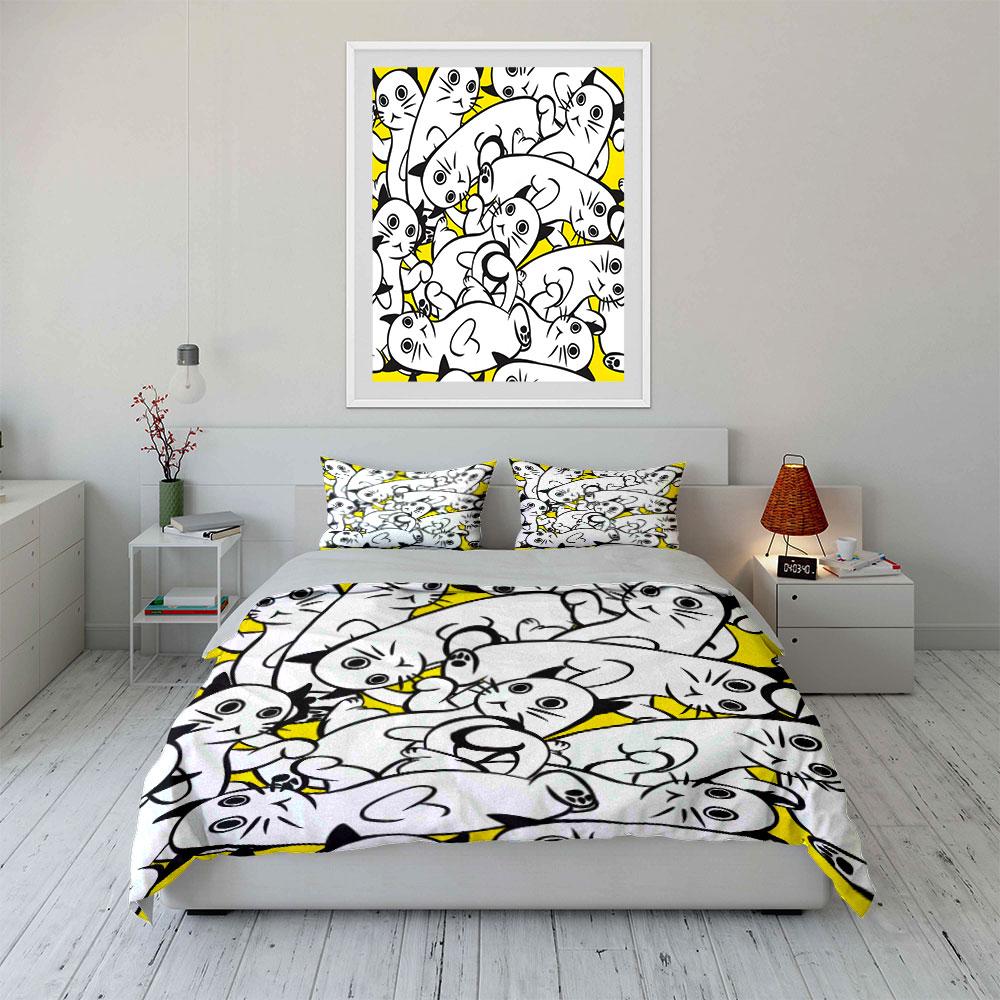 Cute Black and White Cat Pattern Bedding Duvet Cover Set  (1*Duvet Cover 2*Pillowcases, Without Duvet Insert)