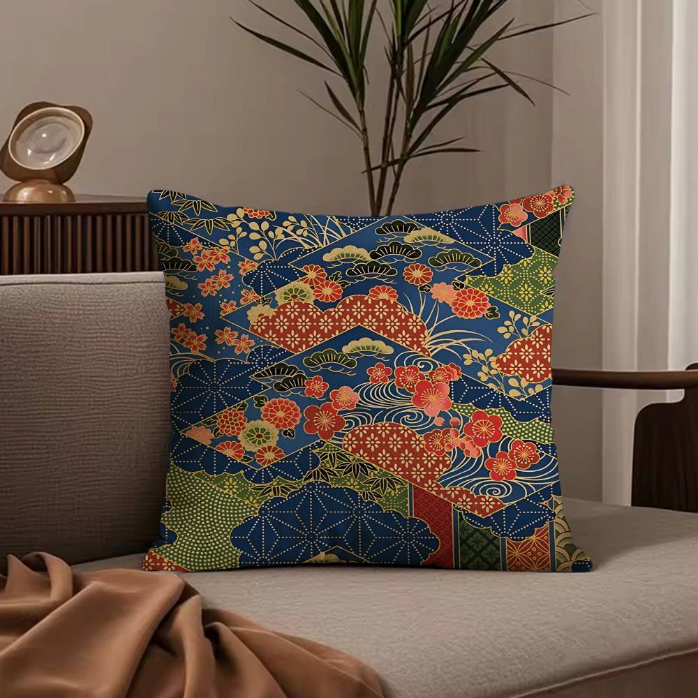 ART K-Kimono Fabric Pillow Case Anti-dustmite Pillowcase Invisible zipper silky short plush Sofa cushion cover