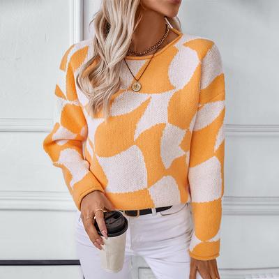 Ledig stickad tröja med mock neck för kvinnor Tryck Colorblock Långärmad Lös passform Pullover Dam Höst Vinter Överdimensionerade stickade kläder Rundhalsad tröja
