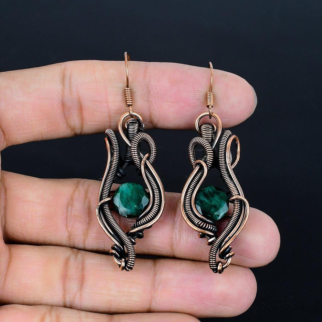 Emerald 999 Copper Wire Wrapped Earrings, Handmade Gemstone Earrings Jewelry, Gifts For Wife Brand New Earrings
