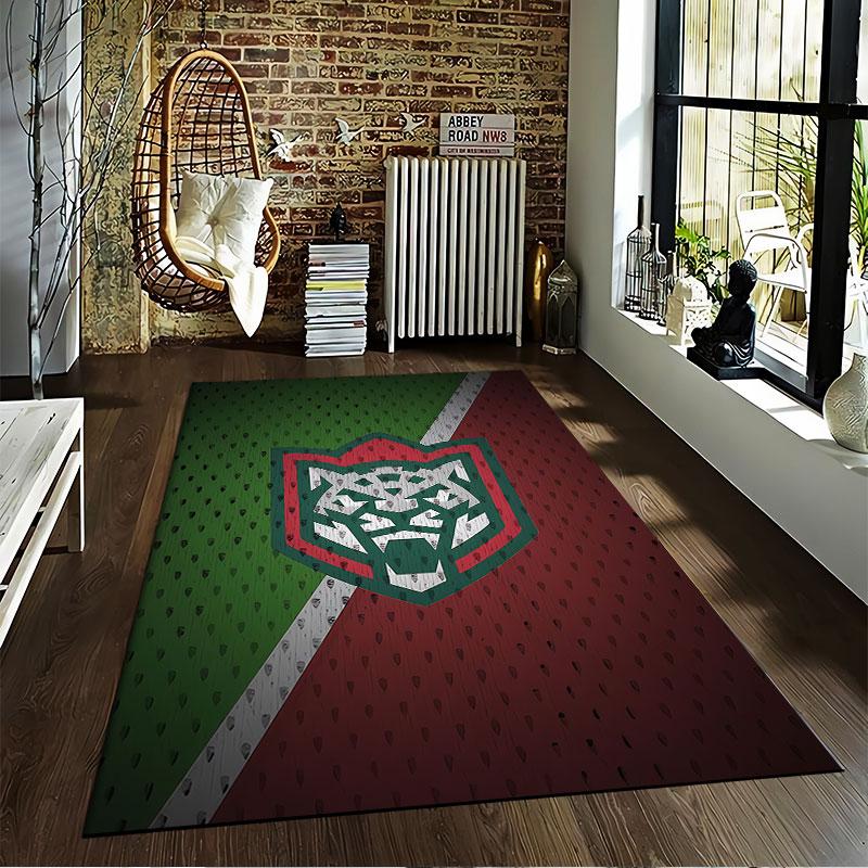 Leopard Emblem on Red Green Carpet suitable as a non-slip mat for the living room or bedroom sofa