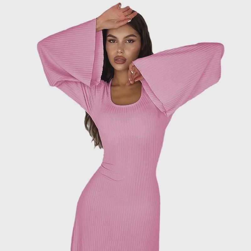 Abito Lungo da Donna Europeo e Americano con Scollo a U, Laccetti dietro, Vestibilità Larga e Maniche Lunghe - Moda Autunno 2023