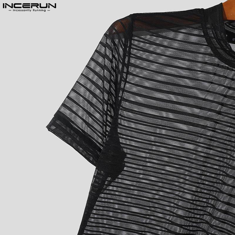 INCERUN Men Round Neck Mesh Striped T Shirts Summer Beach Party Short Sleeve See Through Tops 