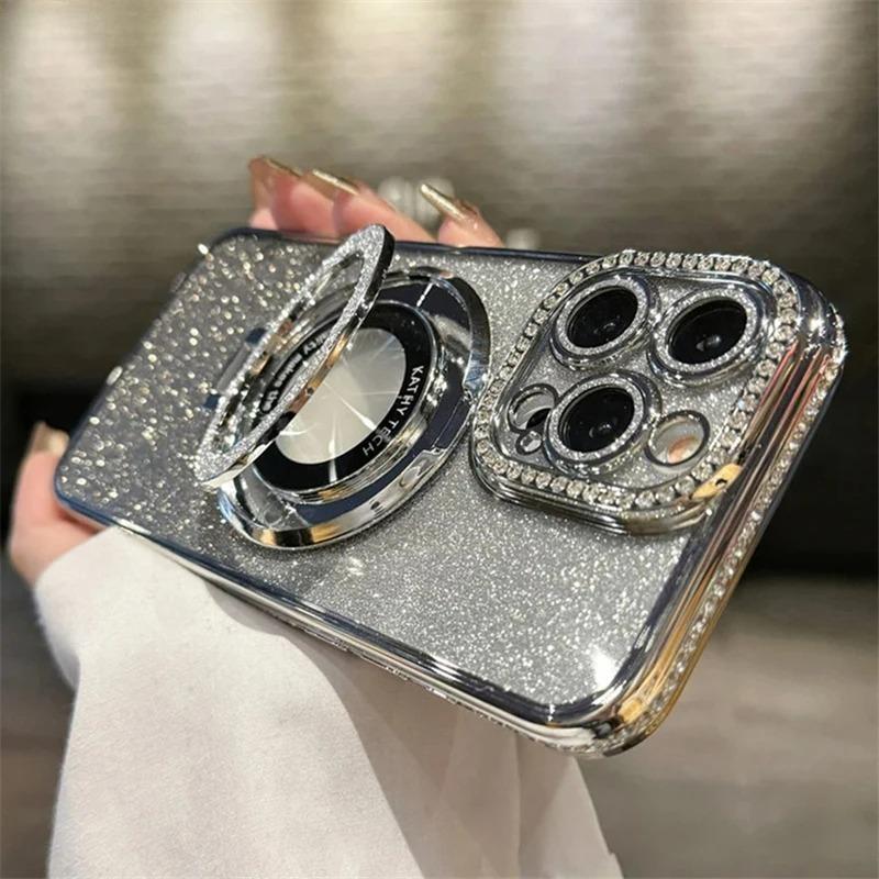 Rhinestone suitable for iphone16 mobile phone case Apple 15 magnetic electroplating with bracket glitter 17 all-inclusive silicone 11 sets