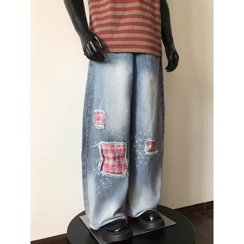 Trendy brand American retro ripped plaid jeans men's and women's contrasting color splicing loose bf street wide-leg trousers