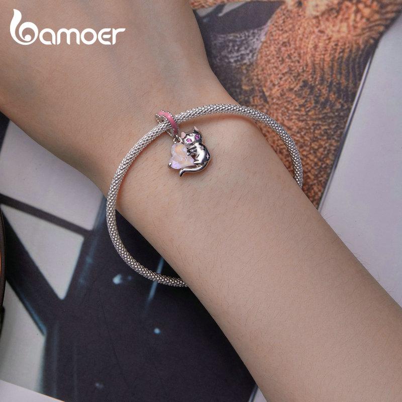 BAMOER 925 Sterling Silber Katze Hängende Perle Herz Anhänger Charms für Frauen Original Armband Halskette Edlen Schmuck