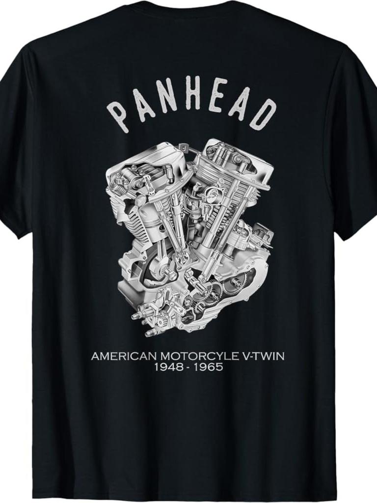 Vintage PanHead V-Twin Engine Cutaway Motorcycle Graphic T-Shirt, 100% Cotton Crew Neck Tee, Regular Fit, Short Sleeve, Knit