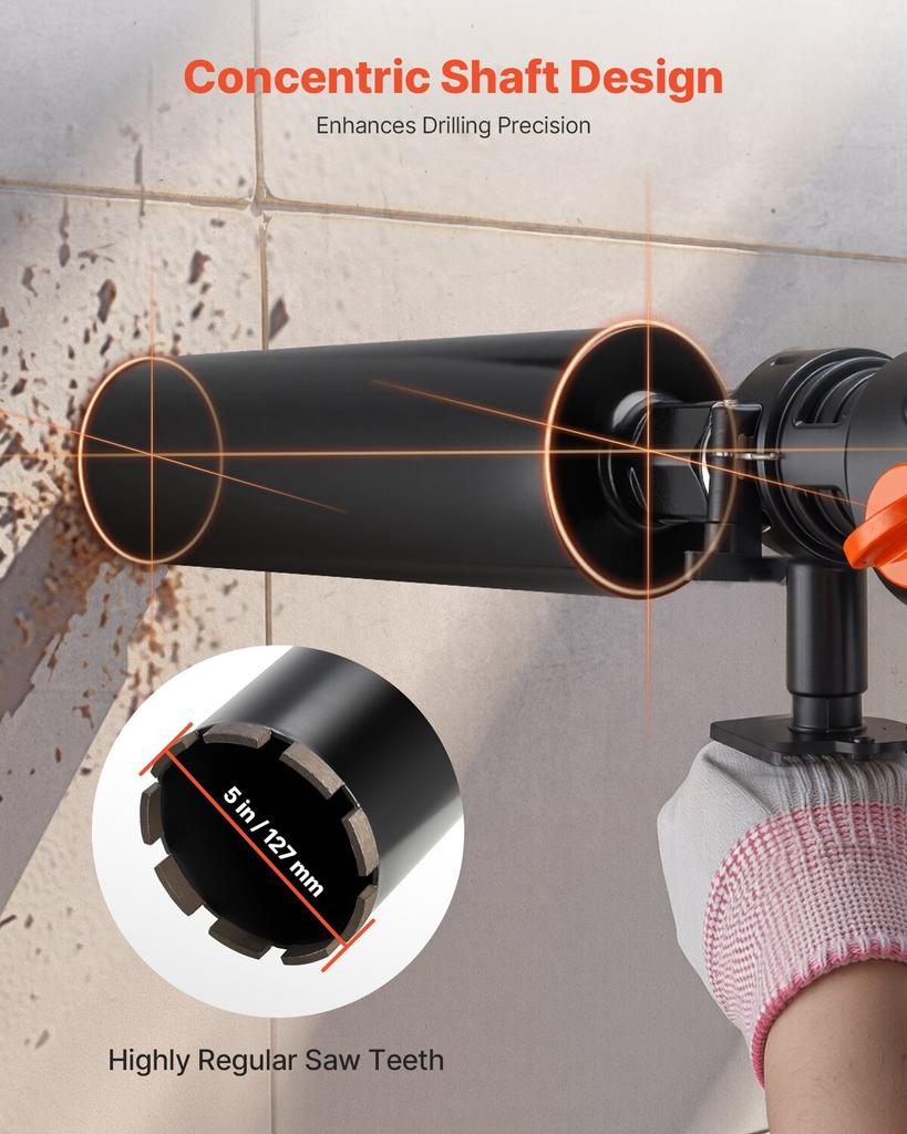 Core Drill Bit, 127 mm Diameter, 356 mm Drilling Depth, 1-1/4 in-7 Internal Thread, High-Precision Welding Technology, Wet Diamond Core Bit for