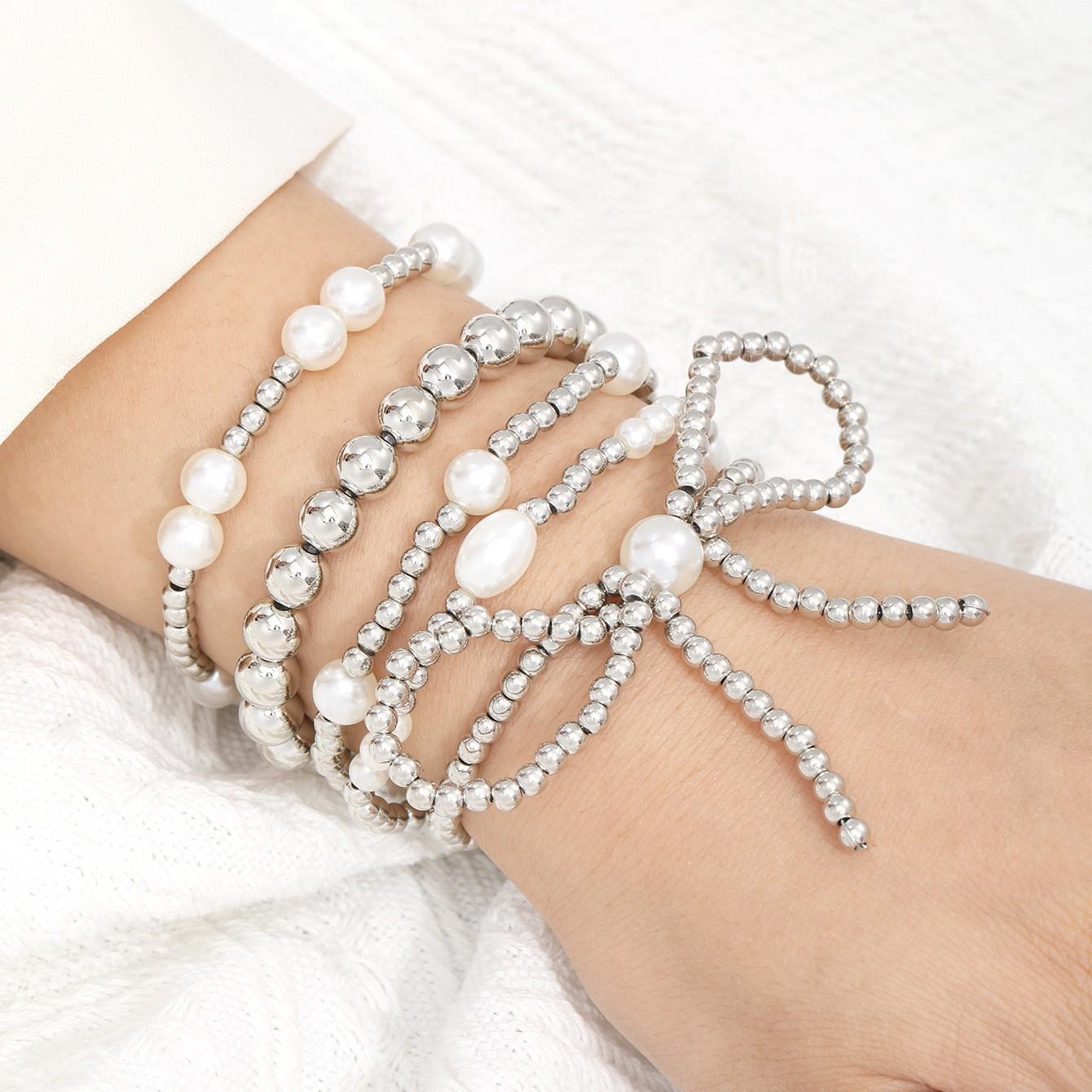 

New Creative CCB Round Bead Pearl Bow Beaded Bracelet 5-piece Set Fashion Versatile Trend Jewelry CCB срібний