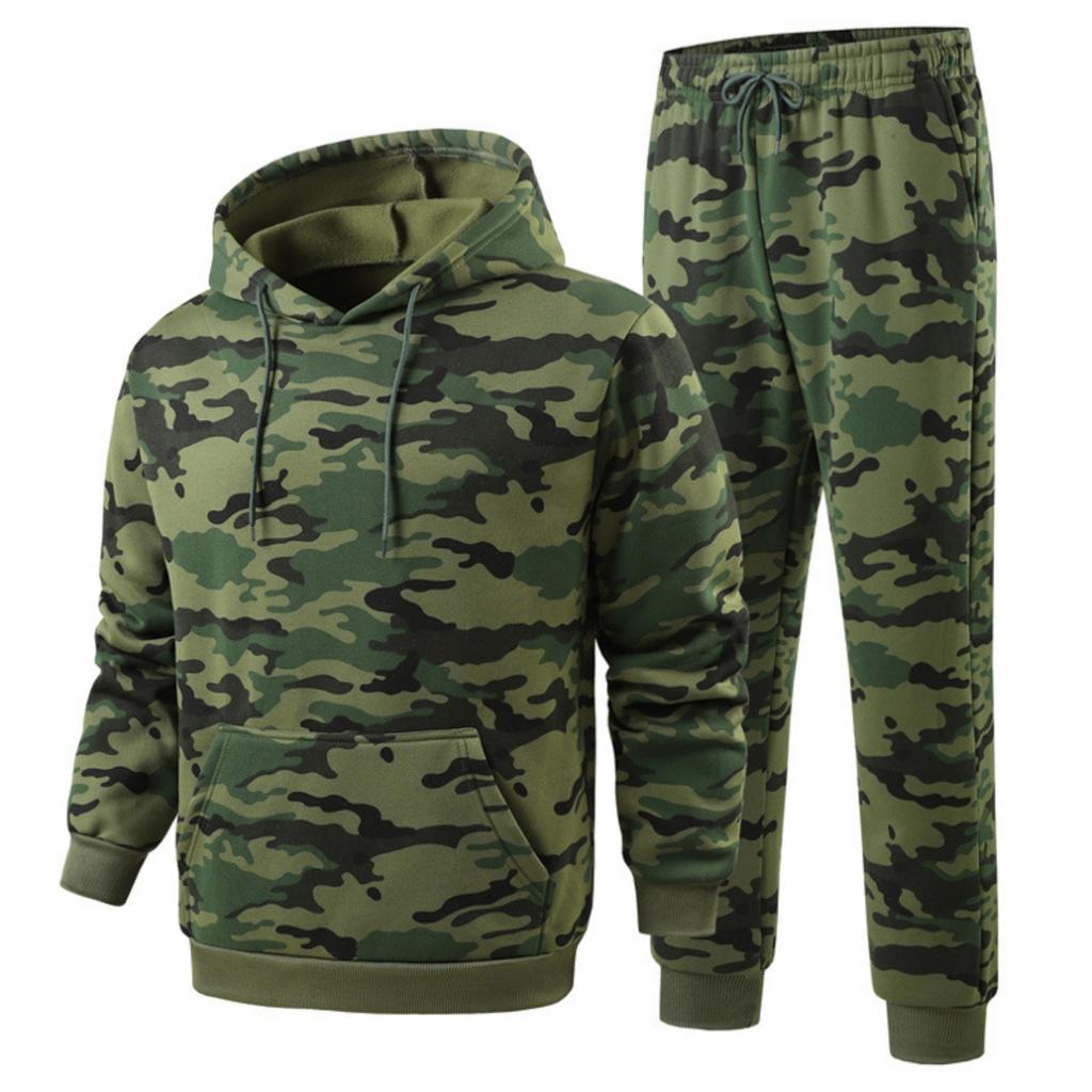 Men's Camouflage Print Outdoor 2 Piece Set with Zip Up Hooded Jacket and Elastic Waist Jogger Pants