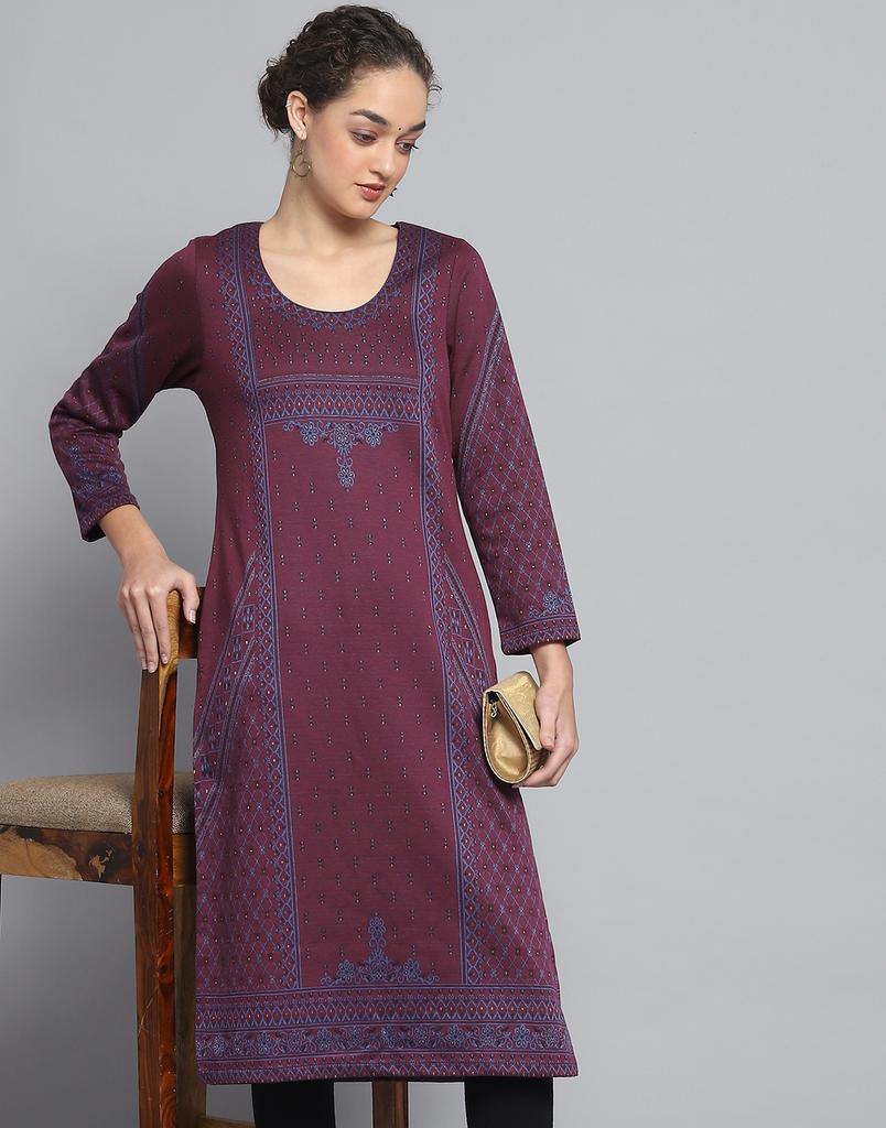 MONTE CARLO Womens Self Design Wine Round Neck Full Sleeve Kurti