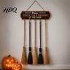 Seasonal Yard Sign Decor Halloween Broom Parking Sign Check Your Brooms Wooden Wall Hanging Witch Themed Door with Hooks for Indoor Outdoor