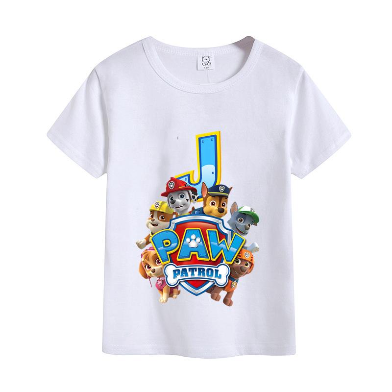 Paw Patrols Letter AZ TShirt White Cartoon Chase Skye Short Sleeve Tops Cute Rubble Zuma Summer Casual Clothes Birthday Gifts