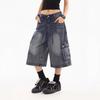 Unisex Retro American Denim Shorts — Washed, Whiskered, Wide-Leg, Mid-Length, Straight Cut