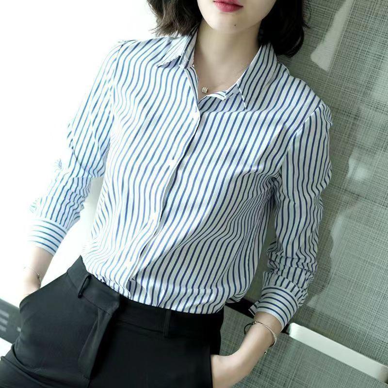Women's Stripe Long-Sleeve Shirt Slim Fit Formal Casual Button Down Blouse