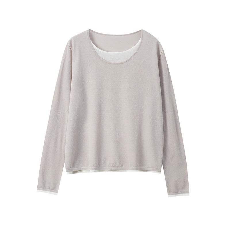 Contrasting color fake two-piece crew neck pullover knitted sweater women's summer thin long-sleeved inner casual and thin bottoming shirt