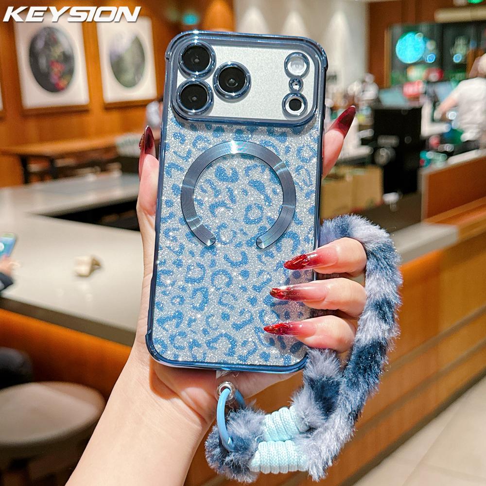 KEYSION Glitter Leopard Print Magnetic Phone Case for iPhone 13 14 15 16 17 Pro Max 17 Air 16 Plus With Plush Lanyard Shockproof Cover