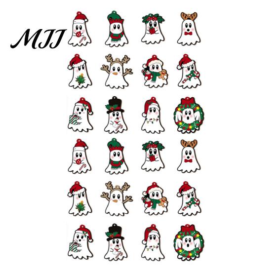 Wooden Hanging Decorations for Holiday Christmas Ghost Ornaments, Tree with Santa Hats Cute Ornaments Gothic Skull, Xmas Winter Party Supplies Window