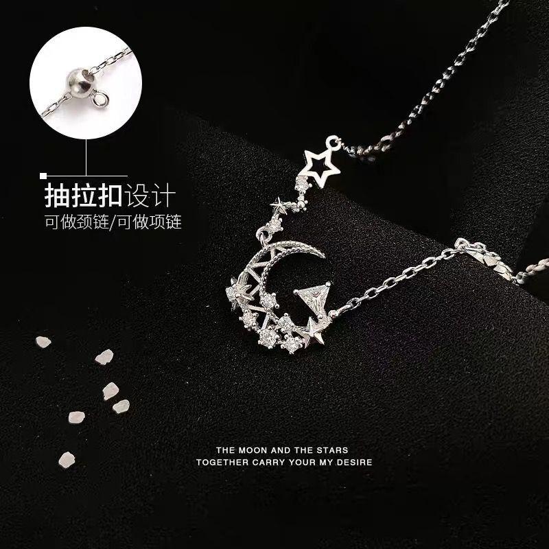 925 Silver Simple Personality Trend Choker Clavicle Chain Ins Necklace with Shiny Rhinestone Moon Jewelry for Modern Female