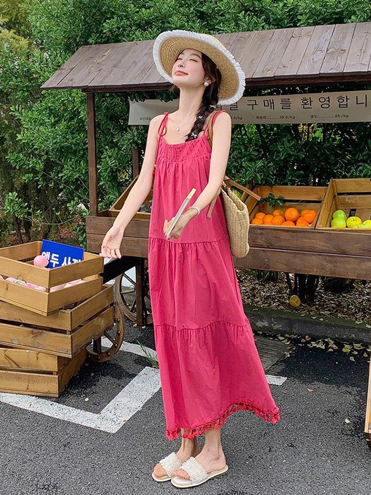 Women's 2026 French Style Fringe Beach Dress: Summer Spaghetti Strap, Loose Waist, Long & Flattering