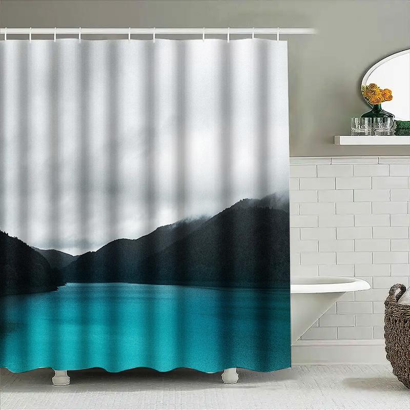 Mountain Lake Waterfall Nature Shower Curtain Forest Serene Landscape Backdrop Bathroom Decor Artistic Scenic View Premium Quali