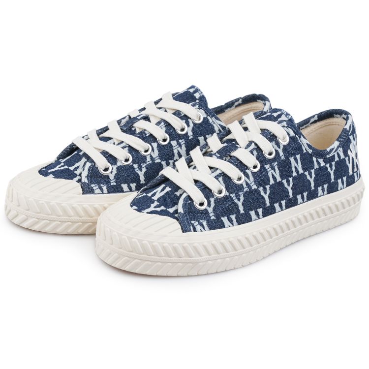 MLB Playball Vintage Floral Thick Sole Washed Denim Non-Slip Wear-Resistant Breathable Low-Top Canvas Shoes Unisex Sneaker Dark-Blue 32SHPM111-50N