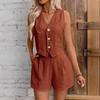 Women's Brown Vest Top and Shorts Set Sleeveless V Neck Casual Two Piece Outfit