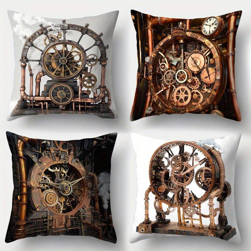 Monika Chen Unisex Vintage Industrial Style Pillow Covers, Complex Steampunk Clock & Gear Print Cushion Cases, Cozy Home Decor Bedroom Living Room