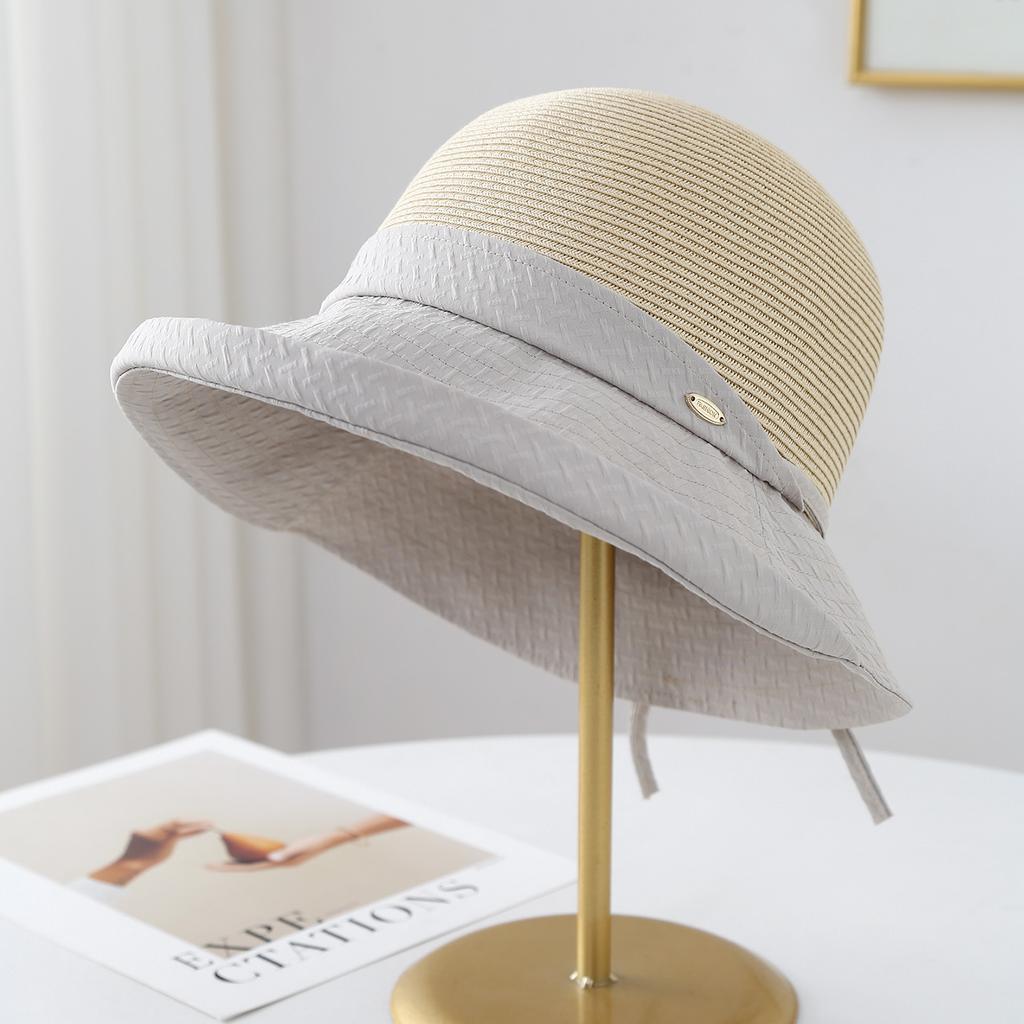 Korean-Style Women's Patchwork Hat Summer Bowknot Fisherman Beach Vacation Sunhat Accessory
