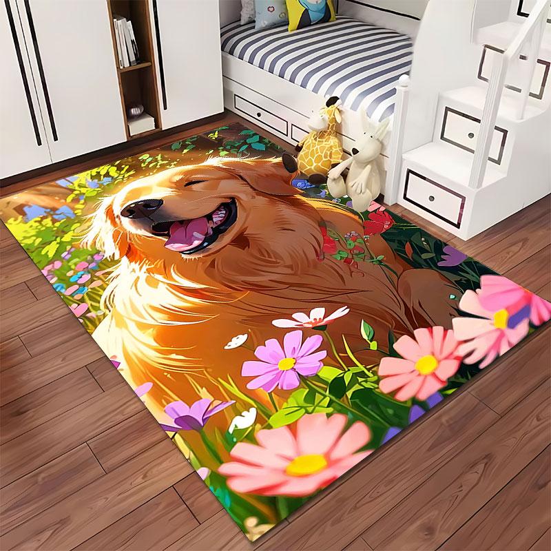Golden Retriever in Flower Field suitable as a non-slip mat for the living room or bedroom sofa