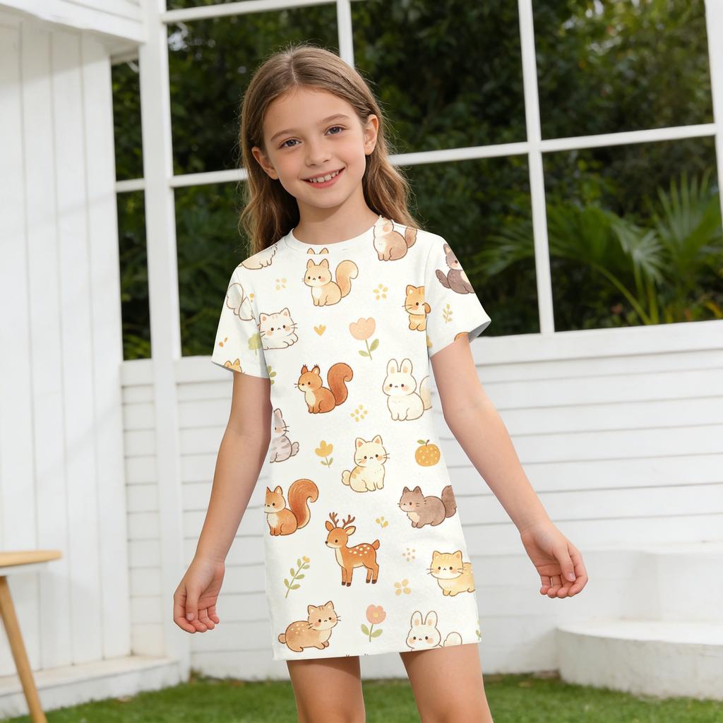 Girls Loose Fit Short Sleeve Dress Animal Print Lightweight Summer Dress Kids Casual Round Neck Dress for Children