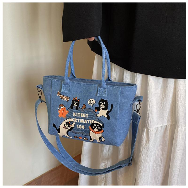 Retro Denim Tote Bag for Women Large Capacity Casual Shoulder Handbag Fashionable Daily Crossbody Bag KTB