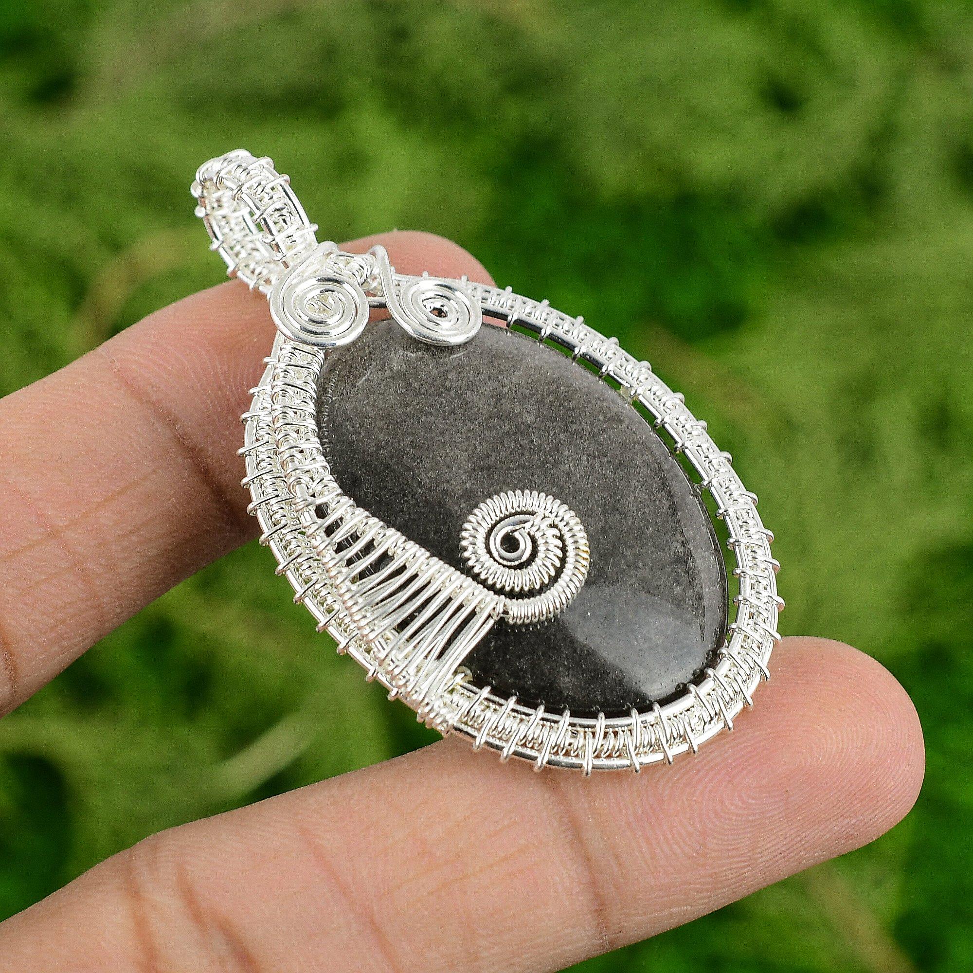 

Natural Silver Sheen Obsidian Sterling Silver Boho Wire Wrapping Pendant Jewelry