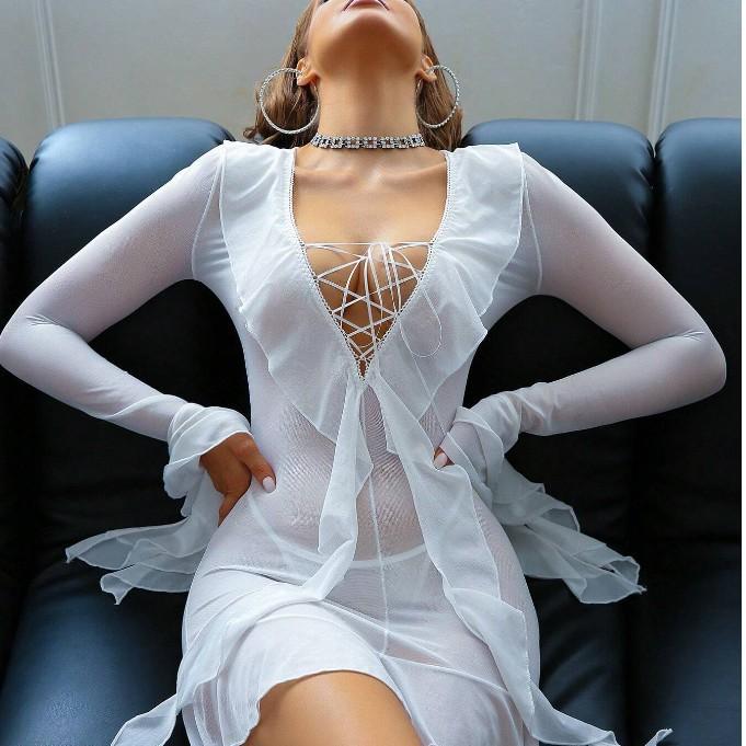 Sexy new women's dress ruffle leaf see-through dress women