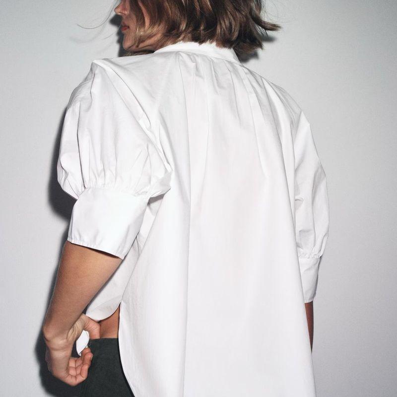 Zbzr Autumn New Women Clothes Western Style Versitile Fashion Solid Fluffy Sleeve Pleated Shirts