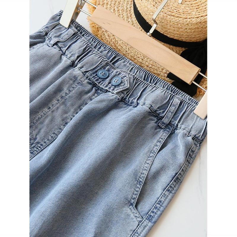 Large Size Women Jeans Spring Blue Elastic Waist Solid Color Loose Harem Denim Pants Versatile Wide Leg Baggy Trousers Female