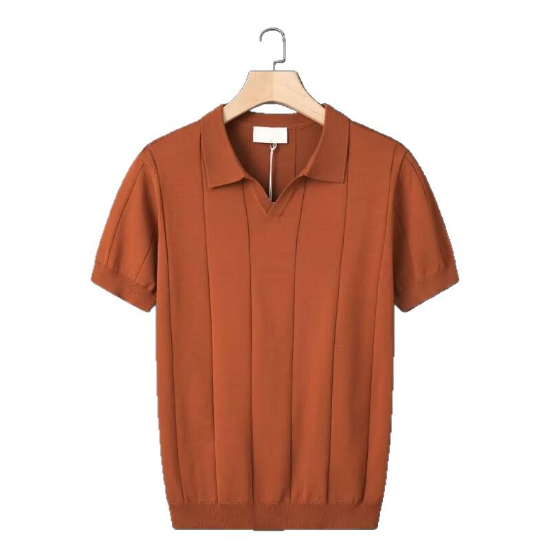 Men's Summer Striped Knit Polo Shirt – Short Sleeve, Slim Fit, V-Collar, Business Casual
