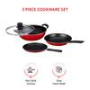 3 Pcs Non Stick Cookware Sets, Tawa 25 Cm, Kadhai 24 Cm with Glass Lid, Fry Pan 24 Cm (Red) Aluminium