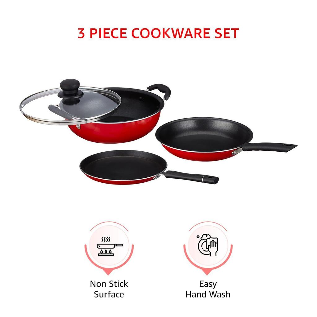 3 Pcs Non Stick Cookware Sets, Tawa 25 Cm, Kadhai 24 Cm with Glass Lid, Fry Pan 24 Cm (Red) Aluminium