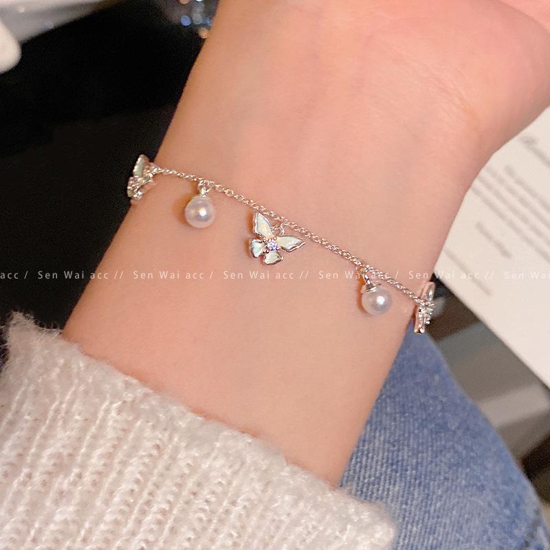 Mint Blue Butterfly Pearl Bracelet Women's Sweet Delicate Jewelry Small Fresh Accessories