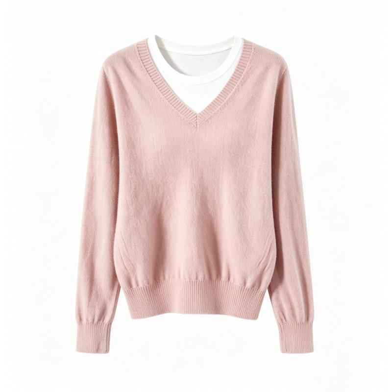 2026 Fall Womens Knit Sweater Casual V-Neck Fake Two-Piece Loose Drop Shoulder Long Sleeve