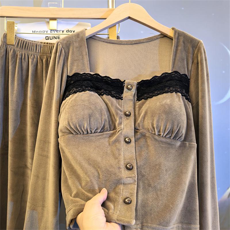 Sea Island Baumwolle Damen Pyjama Set - Herbst/Winter Französischer Stil mit Brustpolster, Dünner Fleece Hausbekleidung