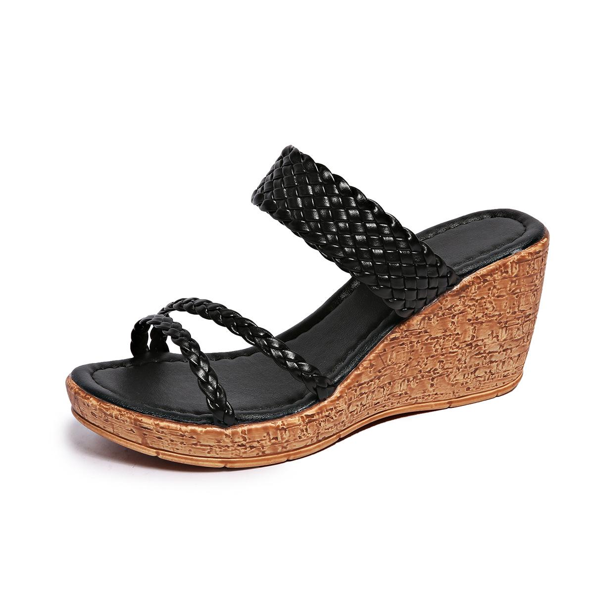 

Однотонные женские тапочки на танкетке с плетеным поясом, большие размеры, однопедальные тапочки на высоком каблуке, женские повседневные пляжные тапочки 36 чёрный