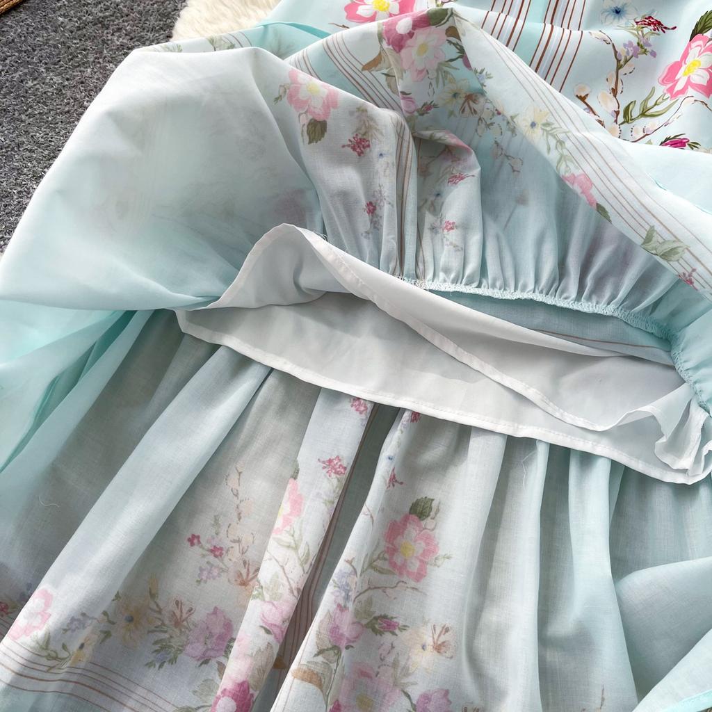 Elegante Vestito Midi con Stampa Floreale Azzurro Chiaro Donna Estate Senza Maniche Spalline Sottili A-line Vacanza al Mare Casual Bodycon Sirena