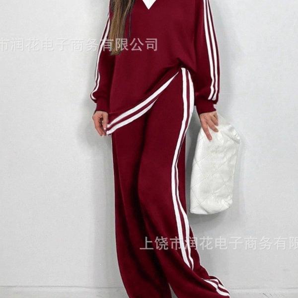 1116 trendy brand spring and autumn new fashion casual V-neck striped trousers long-sleeved crew neck suit women's clothing