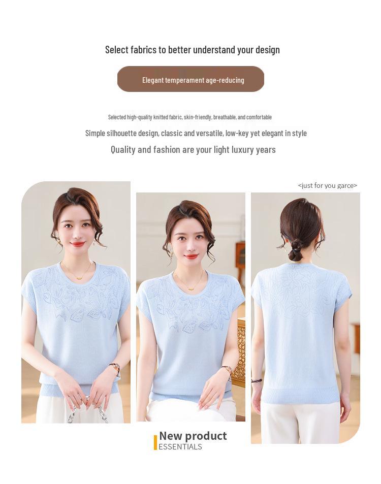 2026 New Style Women's Ice Silk Blouse - Fashionable Batwing Short Sleeve Round Neck for Middle-Aged & Elderly