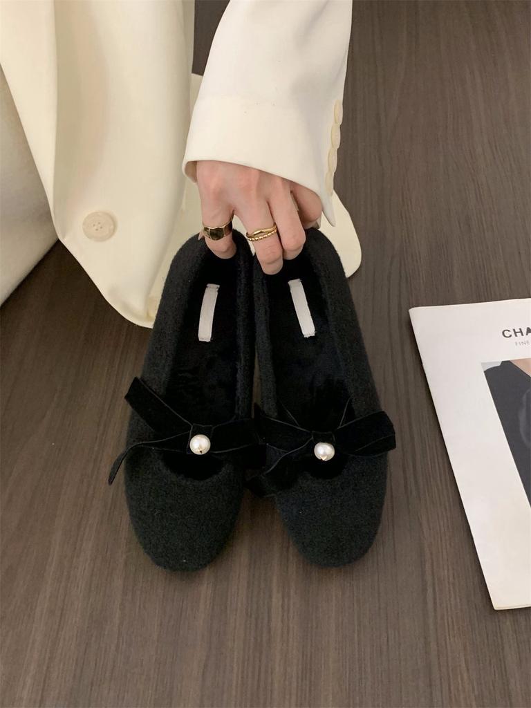 Inner heightening French gentle evening shoes gray single shoes women's shoes 2024 autumn and winter plush Mary Jane fluffy shoes