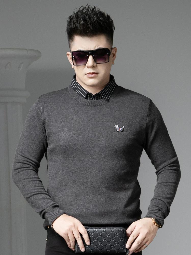 European Style 2025 New Fake Two-Piece Sweater for Men, Autumn and Winter Trendy Brand Badge Shirt Collar Knitwear Men's Sweater