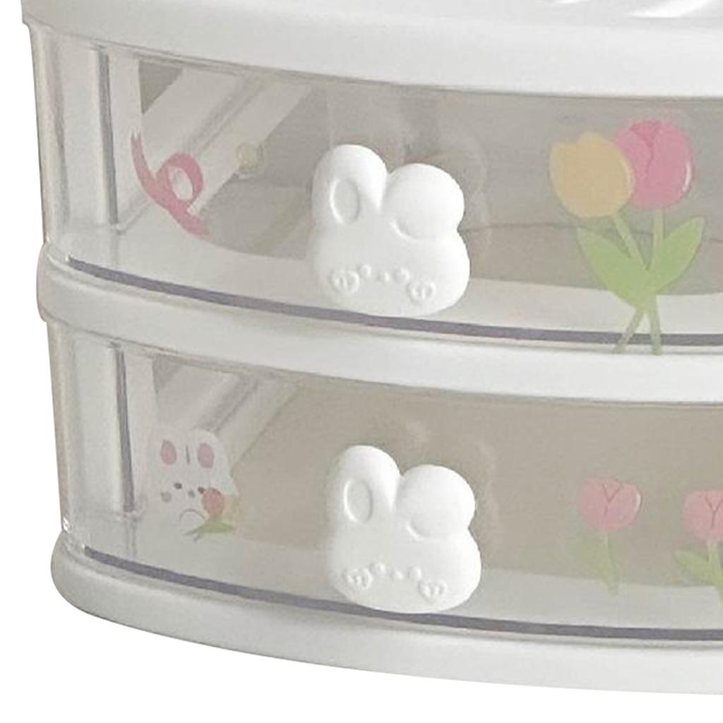 2 Tier Cute Plastic Drawer Organizer with Rabbit Handle Stackable White Plastic Desk Storage Box