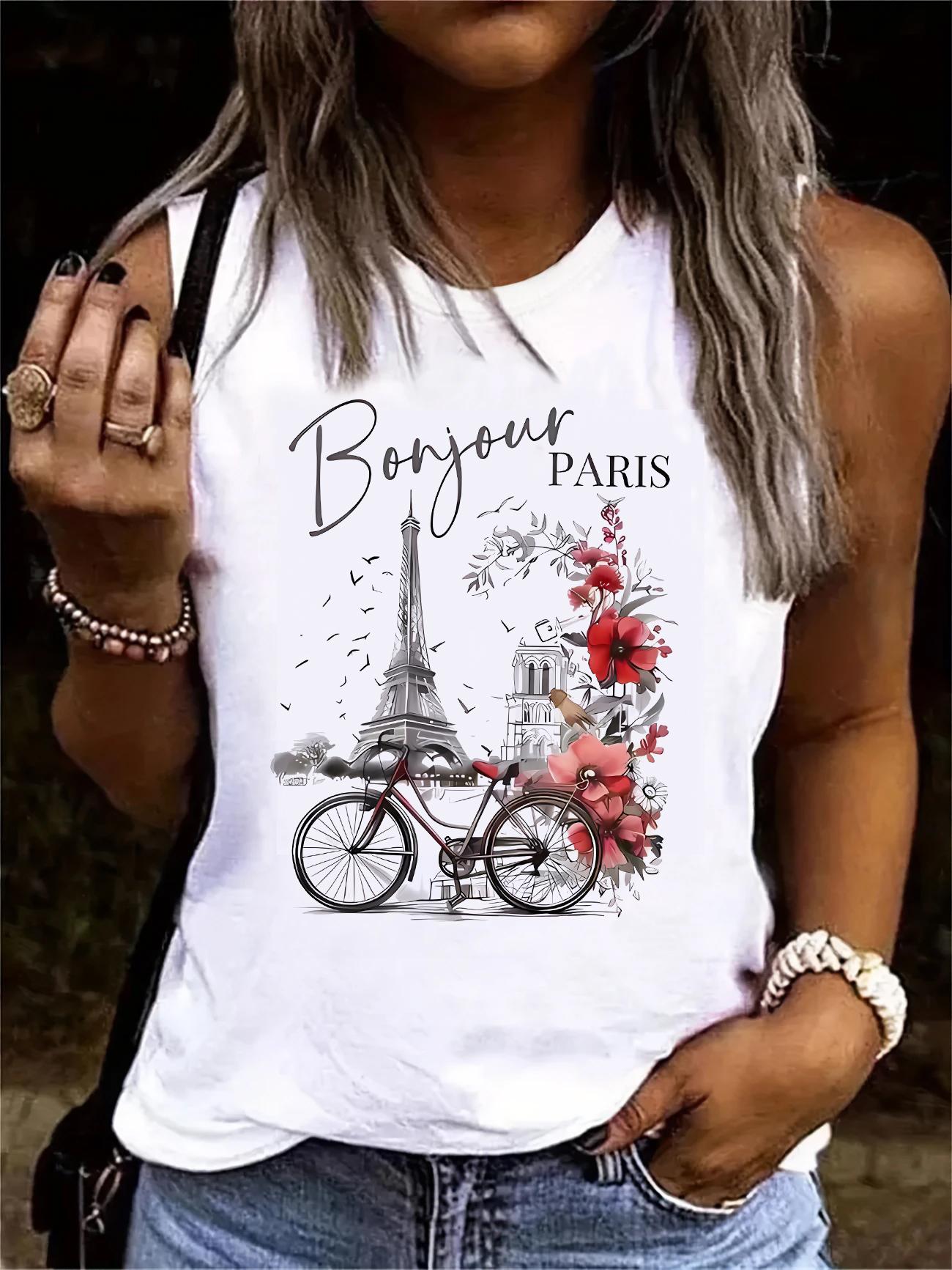 

Модная футболка с принтом «Bonjour Paris», Жилет с принтом, Топ с графическим принтом, Женский повседневный топ без рукавов с круглым вырезом XL